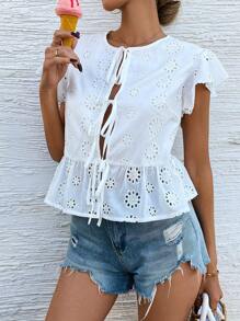 SHEIN VCAY Blusa informal con mangas cortas y nudo delantero en unicolor con bordado para mujeres