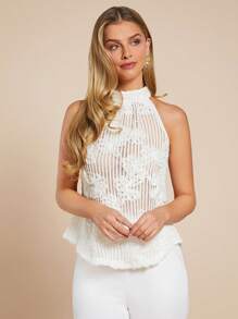 SHEIN Clasi Vacation Outfits Woman,Summer Elegant Women's Apricot Jacquard Three-Dimensional Flower Hanging Neck Shirt, Suitable For Various Occasions, Summer Shirt - Apricot - View 2