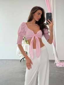 Aloruh Women's Check Tie Puff Sleeve Cropped Shirt - Pink - View 7