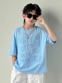 SHEIN Leap Crew 2pcs Kids Tween Boy Japanese And Korean Casual Versatile Comfortable Letter Three-Dimensional Embossed Loose Short-Sleeved Round Neck Pullover Short-Sleeved Knitted T-Shirt With Cuffs And Loose Trousers Two Pieces Suit - Multicolor - View 4