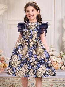 SHEIN 年轻女孩节日蕾丝网纱袖褶皱腰无袖连衣裙 - 彩色 - 查看 8