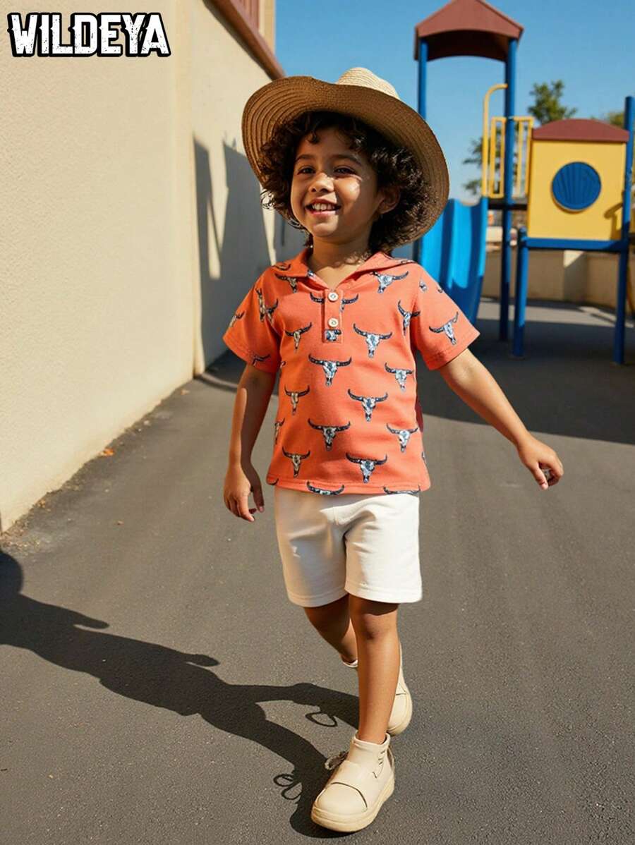 SHEIN Young Boys 2pcs Sets, Spring And Summer Wildeya New Styles, Funny Western Classic Cattle Bone Brown Print Paired With Beige Shorts 2 Pieces Outfit, Showcasing A Retro Western Vibe, Suitable For Outdoor Activities, Nomadic Life And Daily Wear