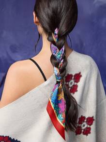 Frida Kahlo X SHEIN 100 cm Elegant Floral Printed Dublu-Adevărat Satin Neted Eșarfă Șal Accesoriu de păr Bandă de păr, Potrivit pentru viața de zi cu zi și vacanță Bandă de păr Turban