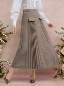 Modelyn Women Plain Color Pocket Button Simple Casual Skirt - Khaki - View 2