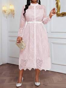 SHEIN Lady 秋冬季优雅工作办公室黑色针织蕾丝立领喇叭形撞色蕾丝长袖加大码连衣裙 - 粉色 - 查看 6