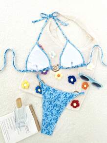 SHEIN Swim 女士夏季海滩度假随意碎花吊带系带金属装饰性感比基尼套装 - 藍色 - 查看 2