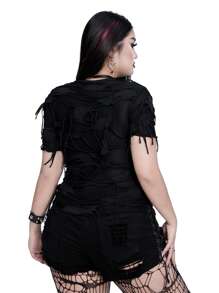 Whyspr Casual Punk Plus Size Sexy War Damaged Wasteland Style Dark Tattered Splicing Hollow Eyelet Rope Short-Sleeved T-Shirt - Black - View 2