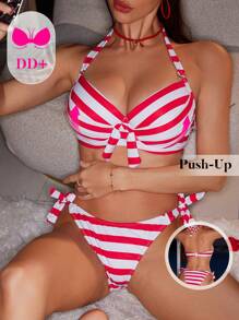 Swim DD+ Red And White Striped Push-Up Halter Bikini Set, Two Pieces Swimwear For Summer Beach