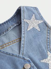 SHEIN Girlism Tween Girls' Casual Sleeveless Denim Vest Jacket With Star Pattern Sequin Decoration For Spring Summer Beach Vacation Outfits - Medium Wash - View 3