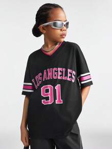 SHEIN Camiseta de manga corta de corte holgado con cuello en V y caída de hombros, con estampado en inglés de Los Ángeles y números, para niñas preadolescentes en primavera/verano - Negro - Ver 5