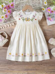 SHEIN Vintaside Kids Young Girl One Piece Pastoral Style, Fresh, Sweet And Cute, Suitable For For Picnics, Taking Photos And Punching In, Round Neck Embroidered Butterfly Leaves, Small Cap Sleeves And Hem Embroidered Small Flowers White Dress - Apricot - View 1
