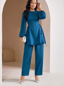 Veilorie 女士阿拉伯风格休闲装 - 简约时尚上衣和裤子套装，适合日常穿着，端庄 - 水鴨藍 - 查看 6