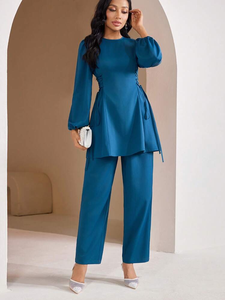 Veilorie Women Arabic Style Casual Outfit - Simple & Fashionable Top And Pants Set, Suitable For Daily Wear,Modest - Teal Blue - View 6