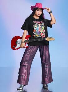 THE POWERPUFF GIRLS X SHEIN Plus Size Summer Loose Blossom, Bubbles, Buttercup Pattern T-Shirt
