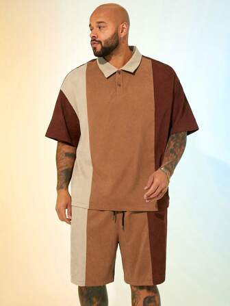 Manfinity NXTstreet Plus Size Men's Loose Casual Corduroy Polo Shirt & Shorts Set