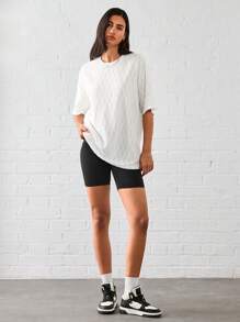 Manfinity VCAY 男女款休闲提花针织宽松落肩圆领短袖 T 恤，适合日常穿着 - 白色 - 查看 5