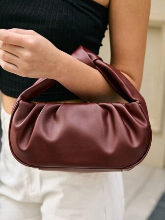 1pc Retro Burgundy Pleated Shoulder Underarm Cloud Handbag, Suitable For Dating, Going Out And Parties, Fashionable Burgundy Bag