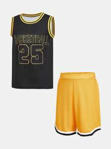 SHEIN Tween Boys' Basketball Graphic Print Vest & Shorts Set, Casual Comfortable Summer Outfit With Letter Print Vest Top And Shorts, Suitable For Outdoor & School Wear