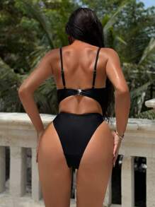 Swim SXY Spring Break Sexy Effen Kleur Stalen Hoepelketting Tailleband Eendelig Badpak, Mode Strandvakantie, Zomer