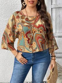 EMERY ROSE 女式大码休闲宽松佩斯利花卉印花衬衫，夏季 - 杏色 - 查看 4