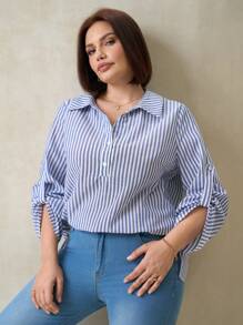 SHEIN Clasi Plus Size Women's Rolled Sleeves Casual Elegant Striped Workplace Shirt, Women's Tops, Elegant Camisole, Women's Shirts, Black Shirts, Ladies Summer Clothing,
