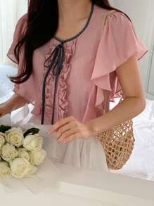 DAZY Nouvelle blouse d'été élégante à nouer, style polyvalent pour femmes, manches courtes, Top à volants mignon - Rose bonbon - Voir 5