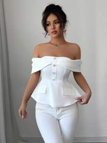 Elenzga Blusa con hombros descubiertos, volante en el bajo y corazón de pedrería para mujer - Blanco - Ver 4