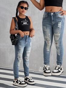 SHEIN Tween Girl' New Distressed Stretchy Skinny Jeans