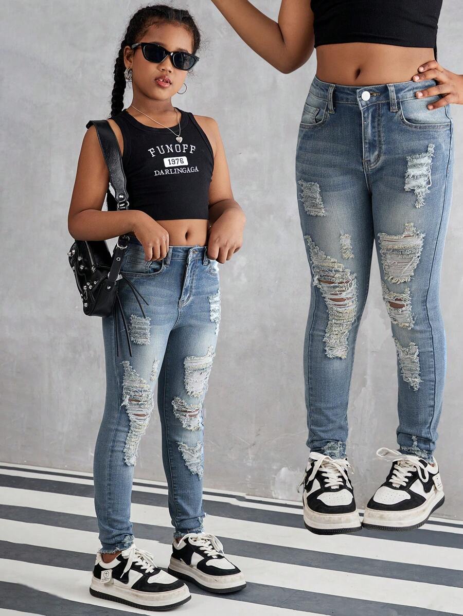 SHEIN Tween Girl' New Distressed Stretchy Skinny Jeans