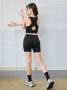 SHEIN Tween Girls' Solid Color Hollow Back Ribbed Camisole And Biker Shorts Sports Set, Suitable For Yoga, Sports Day, Back To School