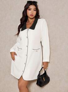 Elaquor Plus Contrast Collar Flap Detail Shirt Dress - White - View 3