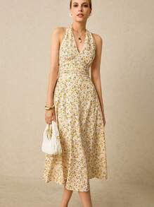 Poéselle Women's Romantic Yellow Ditsy Floral Ruched Waist Backless Halter Dress, Suitable For Vacation
