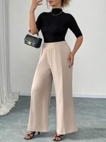 Elenzga 大码优雅简约纯色直筒阔腿修身松紧腰长款西装裤