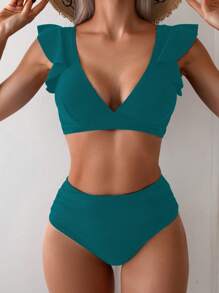 SHEIN Swim 女士纯色盖袖性感比基尼套装 - 水鴨藍 - 查看 3