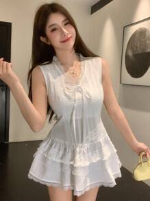 DAZY 镂空蕾丝拼布 V 领系带蝴蝶结装饰长款衬衫，适合女士夏季外出上衣 - 白色 - 查看 3