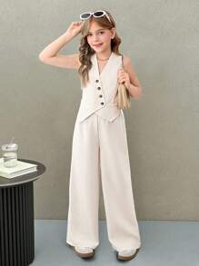 Firerie Kids Firerie Kids Nova Glow 少女休闲纯色无袖夏季纽扣不对称上衣和宽松铅笔裤两件套，米色，返校季，法式优雅，时尚通勤毕业季套装 - 米色 - 查看 4