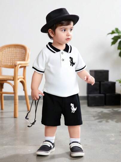 SHEIN 男婴/女婴恐龙印花 Polo 领短袖上衣和短裤套装，简约休闲风格，面料柔软舒适，适合度假、旅行、上学、日常聚会、运动、春夏季节、婴幼儿男女通用服装