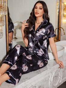 LuxeNights Floral Printed Silk Lapel Short Sleeve Long Pants Women's Pajama Set