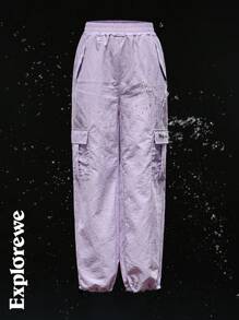 SHEIN Tween Girls Elastic Waist Pocket Simple Casual Long Pants, Daily Wear