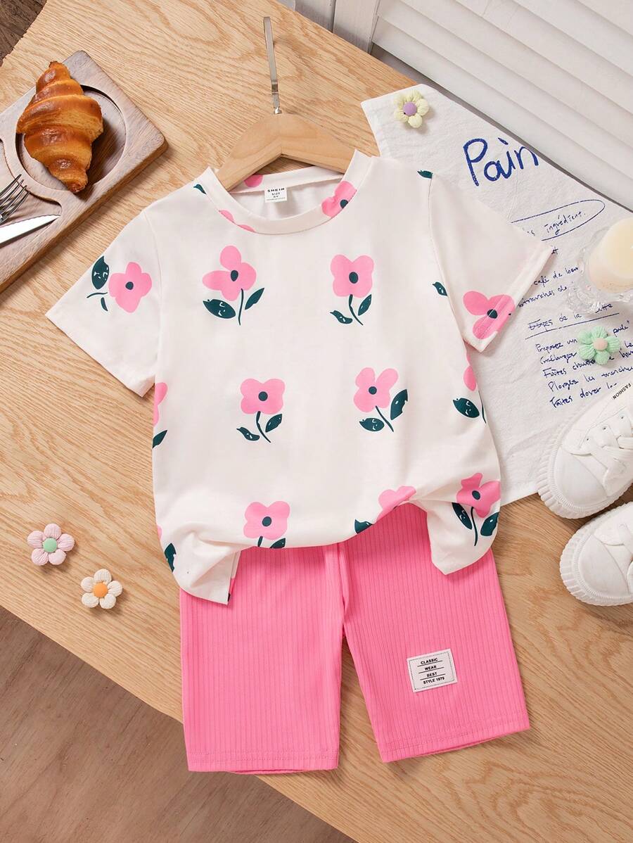 SHEIN Young Girl Summer New Floral Print Round Neck Short Sleeve Simple T-Shirt & Ribbed Ting Comfortable Pants Girls Sweet Casual 2 Pieces Outfit Summer Holiday - Hot Pink - View 1