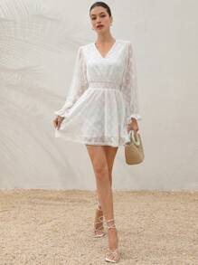 EMERY ROSE White Shirred Burning Flower Tassel Lace Design Long Sleeves Ladies Short Dress,White Polka Dot,Autumn,Boho,Vacation,Holiday Old Money Style - White - View 1