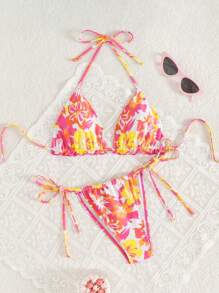 SHEIN Swim Conjunto de 2 piezas de ropa de playa para mujer, con top de halter con volantes con estampado floral y pantalones de baño con lazada lateral, para vacaciones de verano