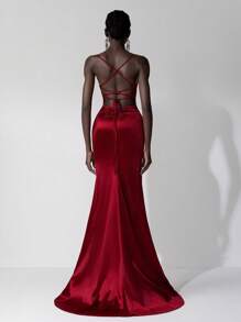 Elitara Elegant Angora Red Lustrous Satin Spaghetti Strap High Waist Slim Fit Backless Criss-Cross Tie Mermaid Tail Formal Evening Gown, Wedding Guest Dress Dress, Party Dress - Burgundy - View 2