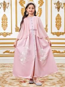 Vestido largo de satén con cinta de lurex adornada y bordado para niña preadolescente, cuello redondo, botones abiertos, cinta de seda dorada y plateada adornada, bordado decorativo estilo chal, día de San Valentín, niña preadolescente, vestido de niña de las flores, Ramadán, Eid Al-Adha, vestido rosa - Rosa - Ver 3