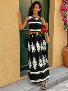 Chiquease 女士假日休闲碎花背心裙两件套 - 黑色 - 查看 6