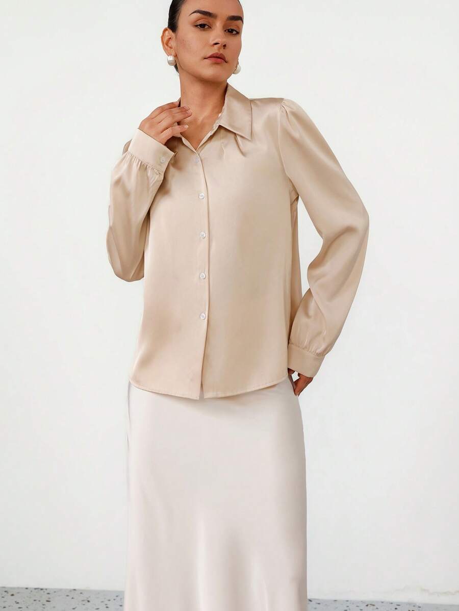 Aveloria Modichic Elegant & Intellectual Office/Work All-Match Shirt With Silk-Like Satin Collar Fall Cloth For Women - Apricot - View 1