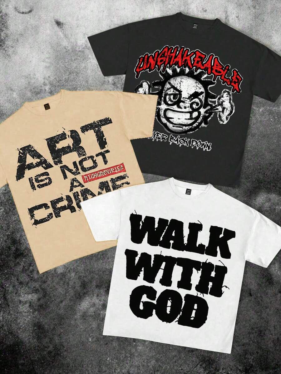 SHEIN Leap Crew Set de 3 camisetas de manga corta con cuello redondo, casuales y minimalistas, con diseño con actitud en la parte posterior, adecuadas para el verano, para niños preadolescentes - Multicolor - Ver 1