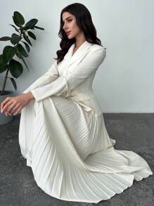 SHEIN Privé Women's New Elegant And Commuting Button Decorated Waist Slimming ,Long Sleevele Tops Suit Blazer With Button Tabs & Pleated High Waisted Skirt Two Pieces Set,Slim-Fit Suit,Casual Suit Jacket Set, Business Suit Jacket Set, Pleated Skirt Set,Wedding Set,Solid Color Two Pieces Set, Commuting Two Pieces Set, Teacher Two Pieces Set In Fall/Winter - Apricot - View 2