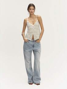 Nöista 纹理条纹可调节肩带休闲针织上衣，正面纽扣设计，春夏必备单品，为您的日常穿搭增添时尚气息 - 黑與白 - 查看 4