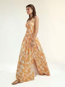 Aveloria 女士节日佩斯利印花系带设计侧开衩下摆吊带长裙